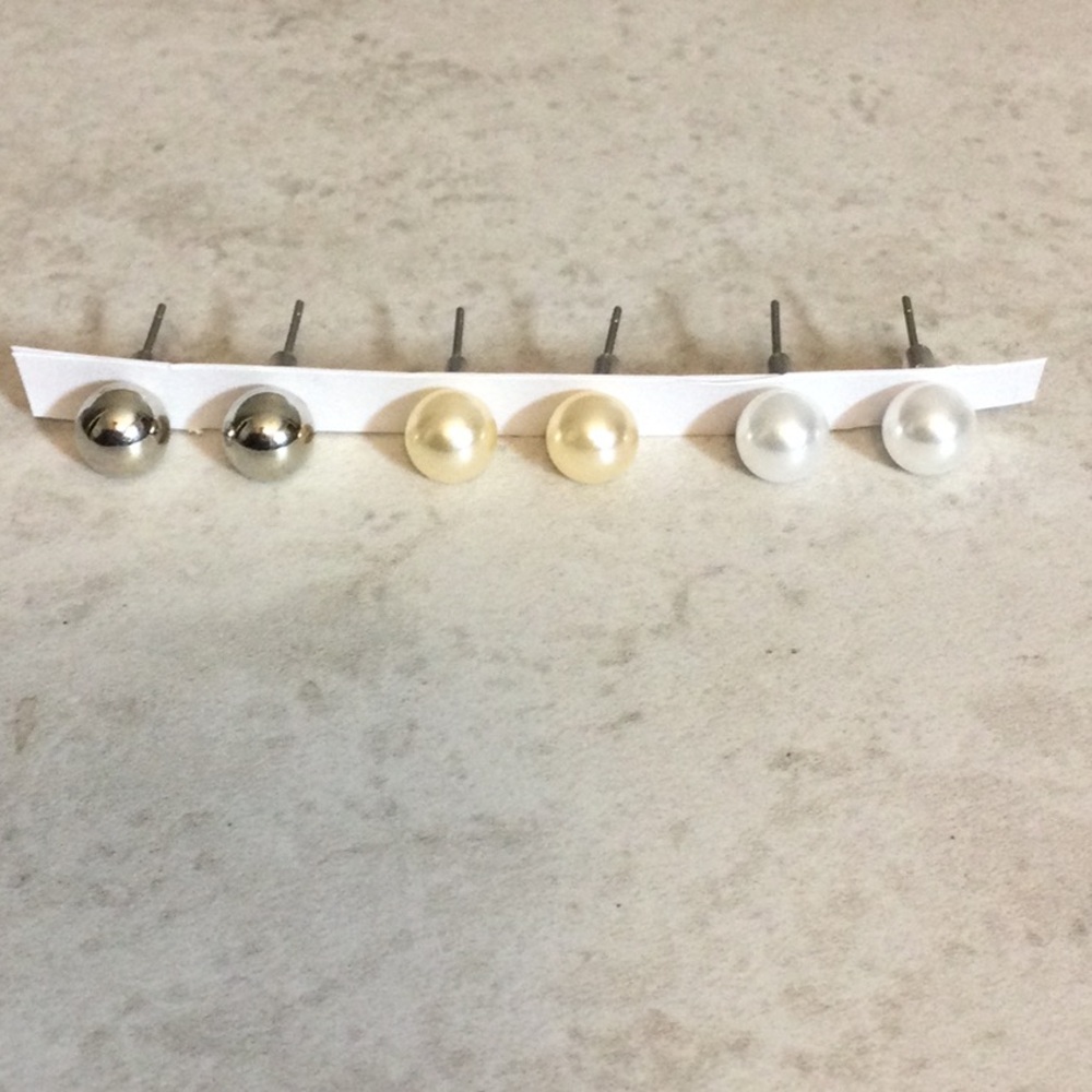 NWT Set of Pearl and Metallic Stud Earrings - Silver, Cream, White